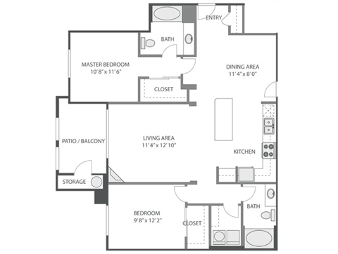 Floor plan for 2 beds, 2 baths, 1218 sqft